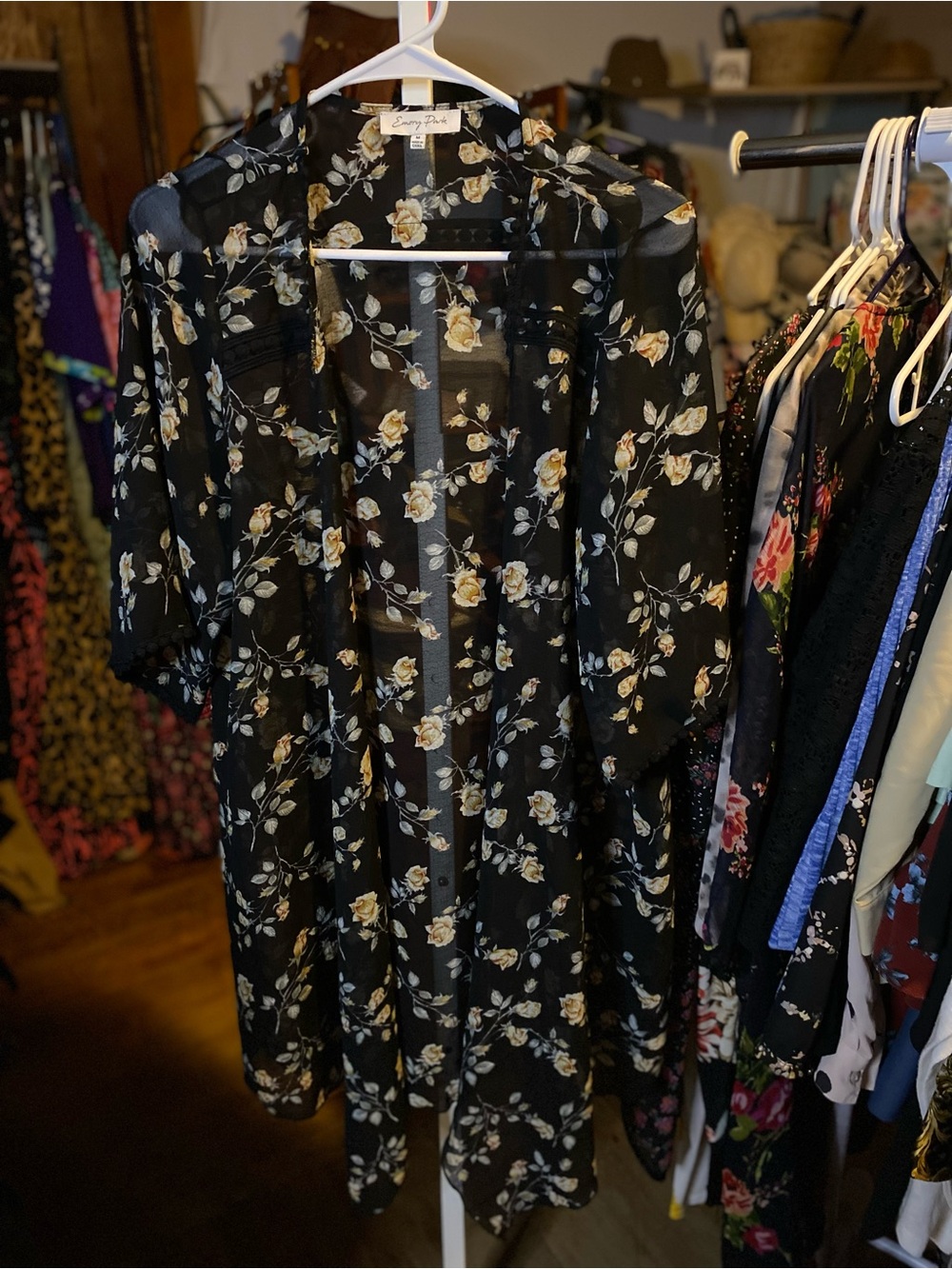 emory park Black Sheer Floral Kimono with Cream Rose Print